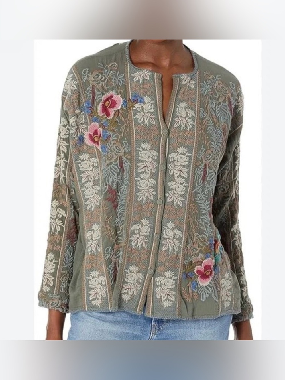 Johnny Was Merlin Blouse in Green-Gray Embroidered